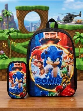 NWOT Sonic the Hedgehog 2 Backpack & Pencil Case Set 16"x5"x11"